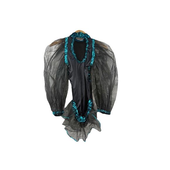 Vintage Costume Gallery Black Mesh Green Sequins Showgirl Jazz Leotard Adult M - Picture 2 of 9